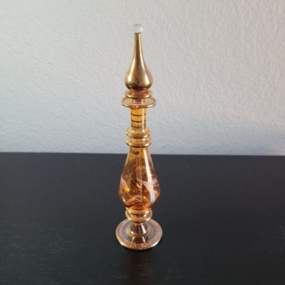 Vintage Amber Glass Perfume Bottle w/ Stopper Tall Etched Vanity Décor